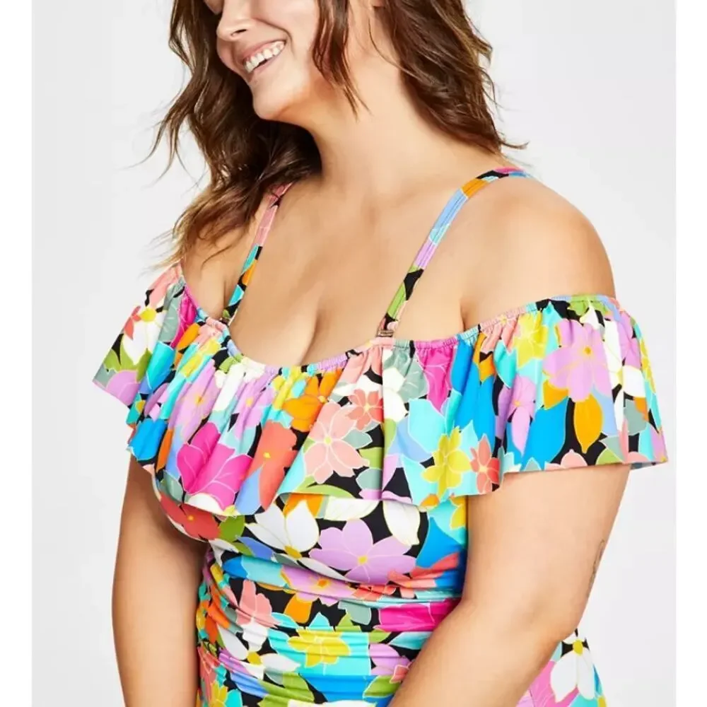Swim Solutions Women's Multi Off-The-Shoulder Ruffled Swimsuit Size 20W - Picture 3 of 9